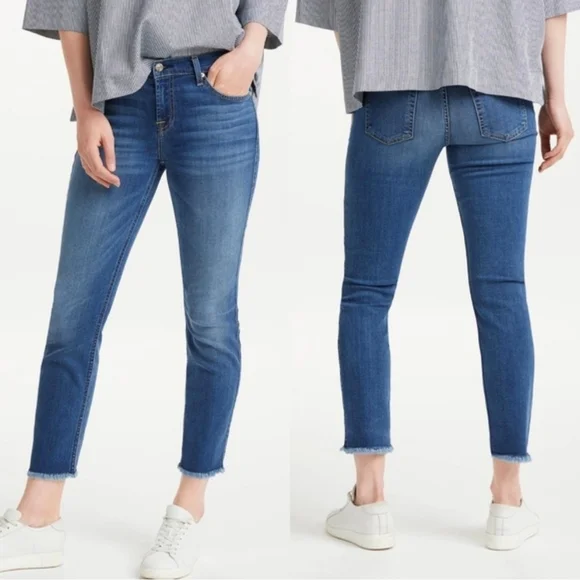 7 For All Mankind Roxanne Skinny Ankle Jeans Frayed Raw Hem Mid Rise 7FAM 28 - Picture 1 of 12